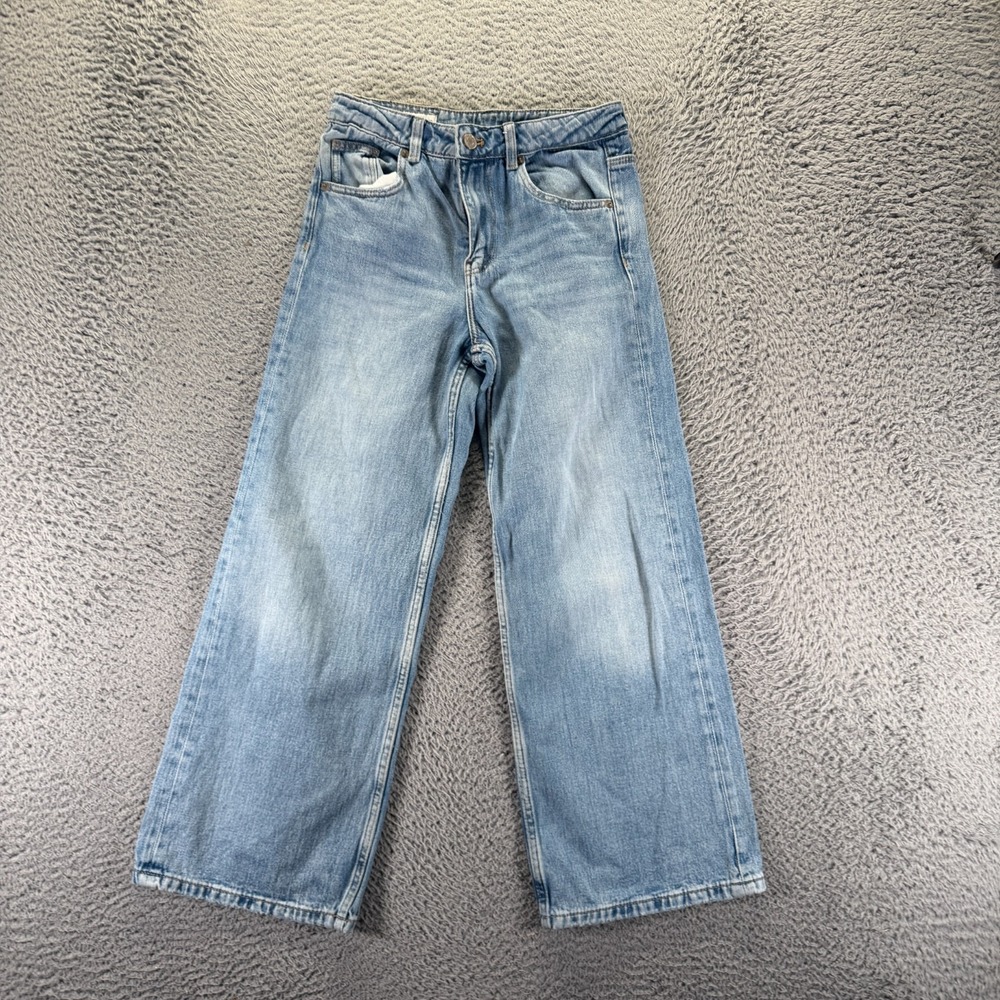 Zara‎ Jeans Girl's 10 Blue Cotton Denim Cropped Wide-Leg Faded Workwear Travel
